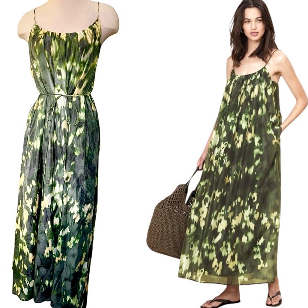 Banana Republic Jungle Green Printed Organza Tie Waist Dress Size XL NEW